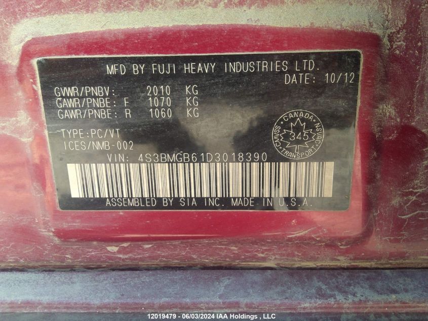 2013 Subaru Legacy 2.5I Premium VIN: 4S3BMGB61D3018390 Lot: 12019479