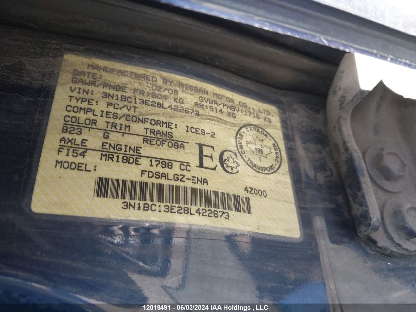 2008 Nissan Versa VIN: 3N1BC13E28L422673 Lot: 12019491