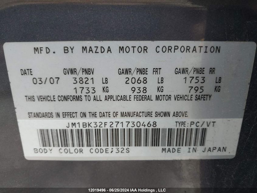 2007 Mazda Mazda3 VIN: JM1BK32F271730468 Lot: 12019496