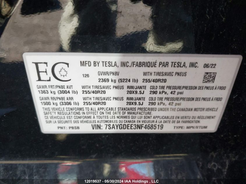 2022 Tesla Model Y VIN: 7SAYGDEE3NF468519 Lot: 12019537