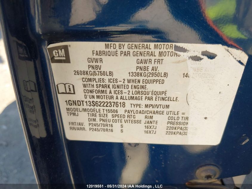 2002 Chevrolet Trailblazer VIN: 1GNDT13S622237618 Lot: 12019551