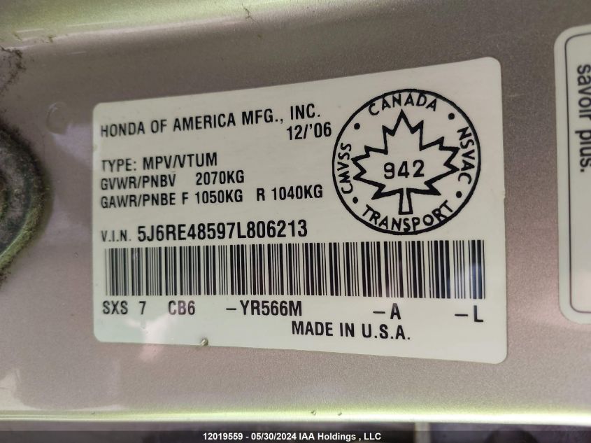 2007 Honda Cr-V VIN: 5J6RE48597L806213 Lot: 12019559