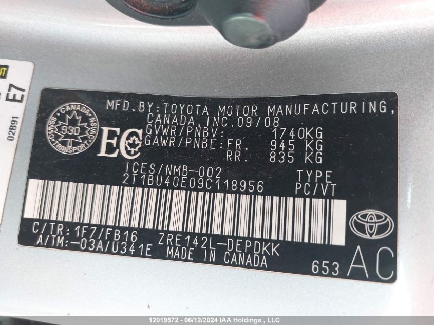 2009 Toyota Corolla Le VIN: 2T1BU40E09C118956 Lot: 12019572