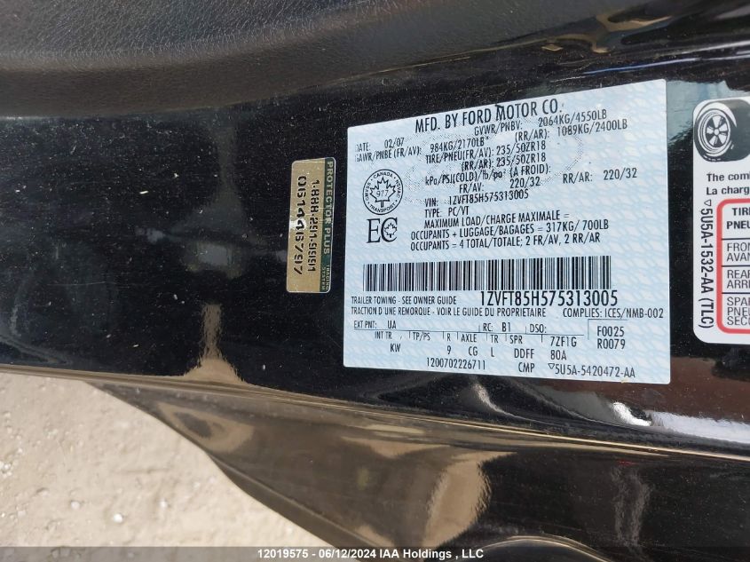 2007 Ford Mustang Gt VIN: 1ZVFT85H575313005 Lot: 12019575
