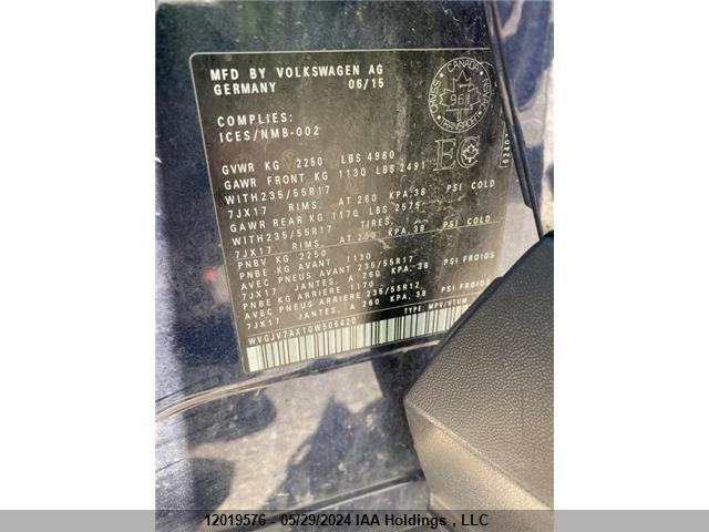 2016 Volkswagen Tiguan Comfort/High/R-Line/Sp Ed VIN: WVGJV7AX1GW506420 Lot: 12019576