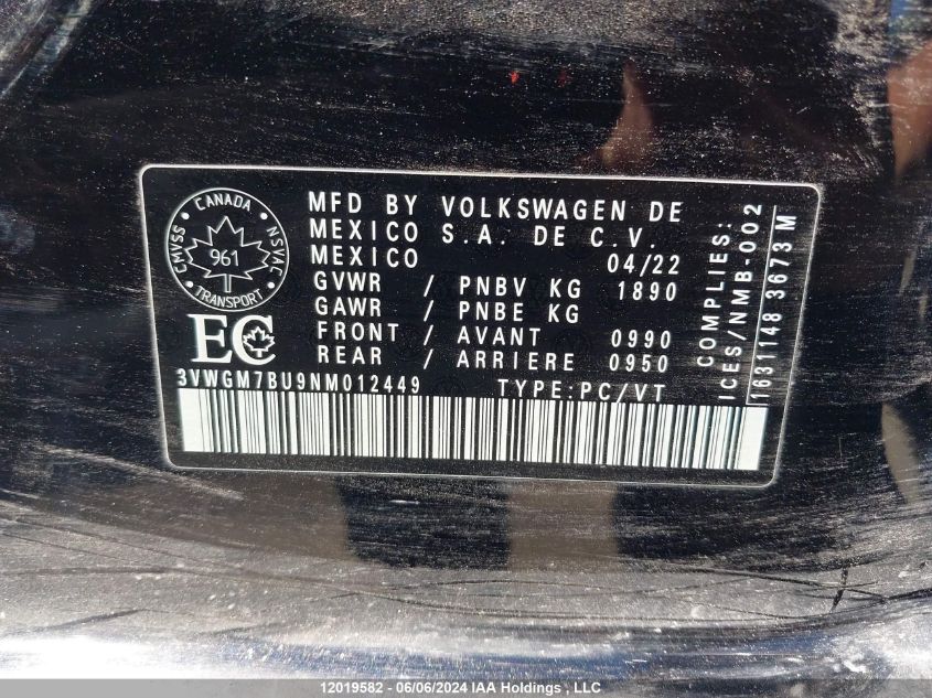 2022 Volkswagen Jetta VIN: 3VWGM7BU9NM012449 Lot: 12019582