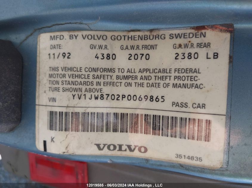 1993 Volvo 940 VIN: YV1JW8702P0069865 Lot: 12019585