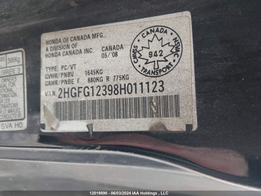 2008 Honda Civic VIN: 2HGFG12398H011123 Lot: 12019590