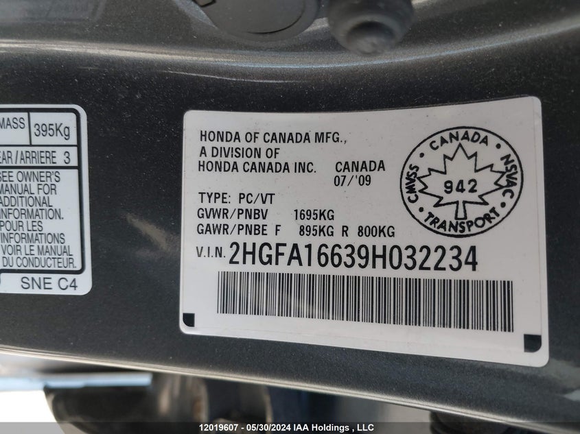2009 Honda Civic Sdn VIN: 2HGFA16639H032234 Lot: 12019607
