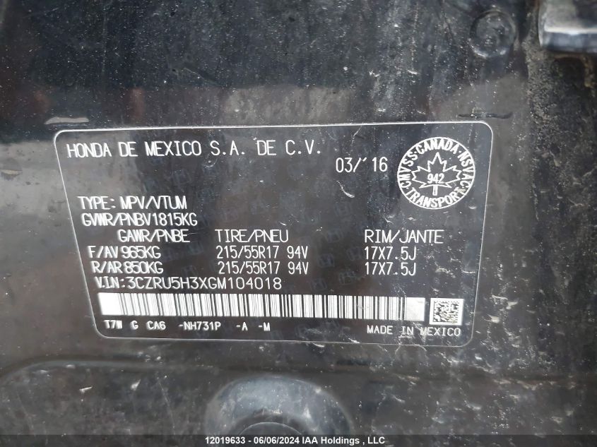 2016 Honda Hr-V VIN: 3CZRU5H3XGM104018 Lot: 12019633