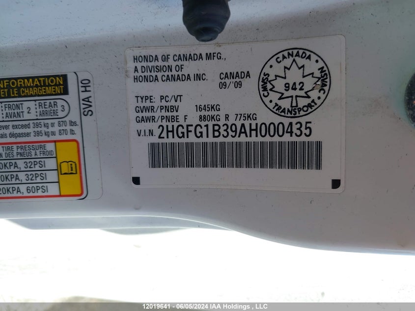 2010 Honda Civic Cpe VIN: 2HGFG1B39AH000435 Lot: 12019641