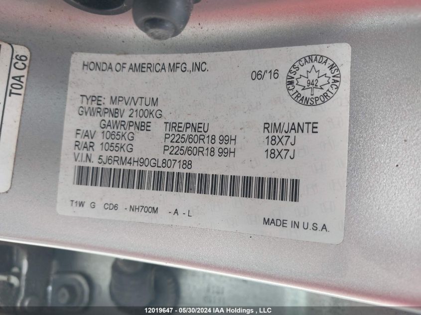 2016 Honda Cr-V VIN: 5J6RM4H90GL807188 Lot: 12019647