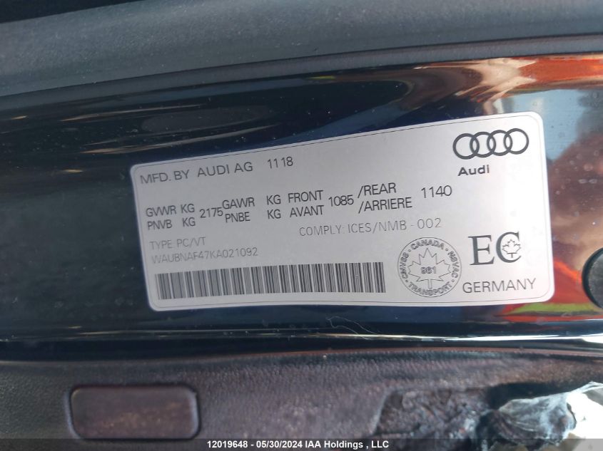 2019 Audi A4 VIN: WAUBNAF47KA021092 Lot: 12019648