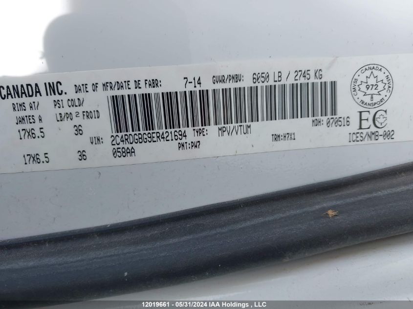 2014 Dodge Grand Caravan Se/Sxt VIN: 2C4RDGBG9ER421694 Lot: 12019661