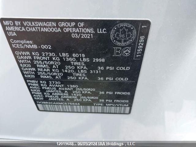 2021 Volkswagen Atlas VIN: 1V2BR2CAXMC575644 Lot: 12019688