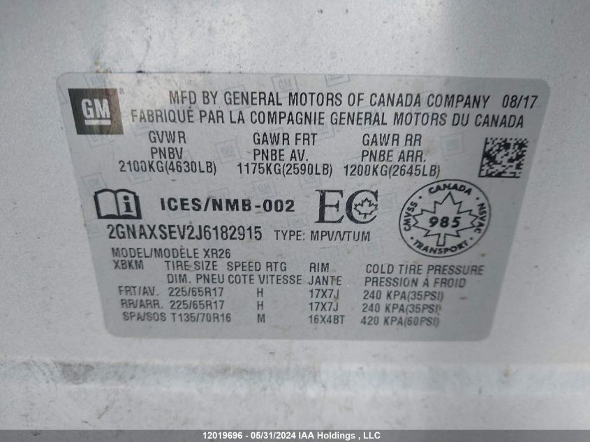 2018 Chevrolet Equinox VIN: 2GNAXSEV2J6182915 Lot: 12019696