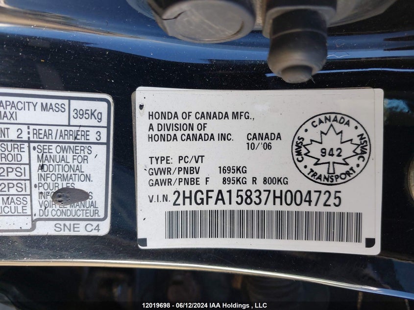 2007 Honda Civic Sdn VIN: 2HGFA15837H004725 Lot: 12019698