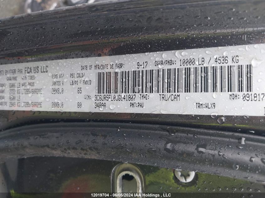 2018 Ram 2500 Laramie VIN: 3C6UR5FL0JG141807 Lot: 12019704