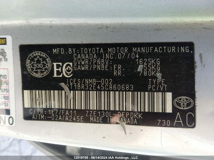 2005 Toyota Corolla Ce/Le/S VIN: 2T1BR32E45C860683 Lot: 12019705