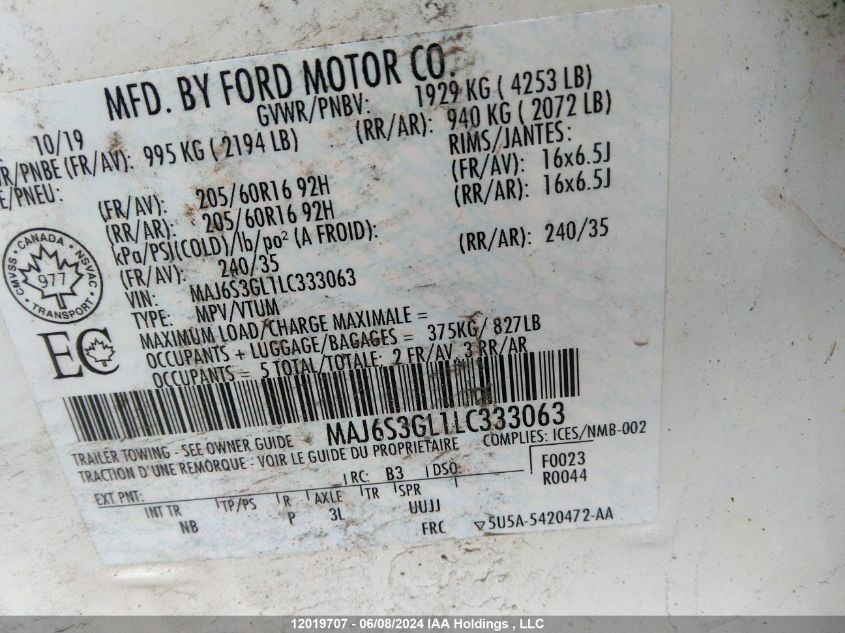 2020 Ford Ecosport Se VIN: MAJ6S3GL1LC333063 Lot: 12019707