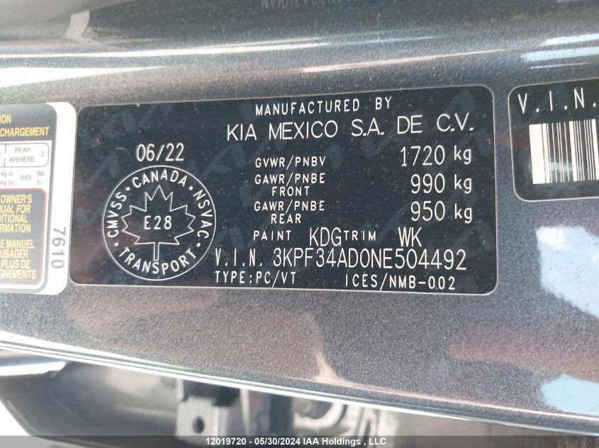 2022 Kia Forte VIN: 3KPF34AD0NE504492 Lot: 12019720