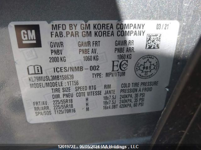 2021 Chevrolet Trailblazer VIN: KL79MUSL3MB158639 Lot: 12019727