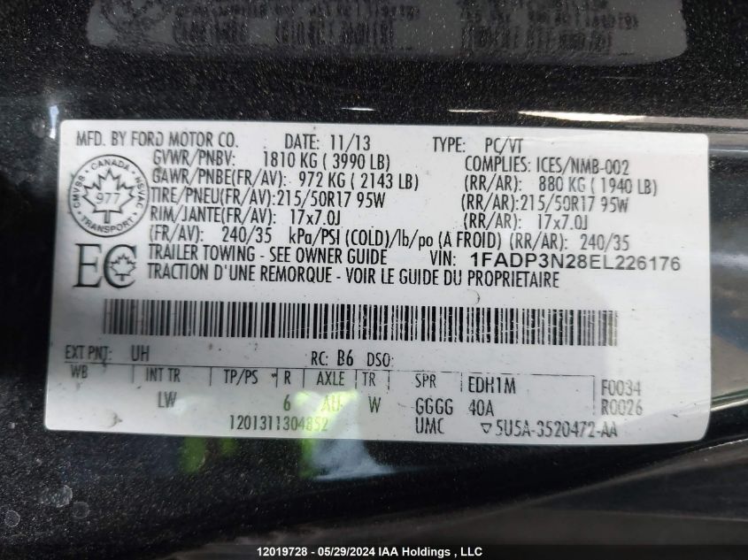 2014 Ford Focus Titanium VIN: 1FADP3N28EL226176 Lot: 12019728