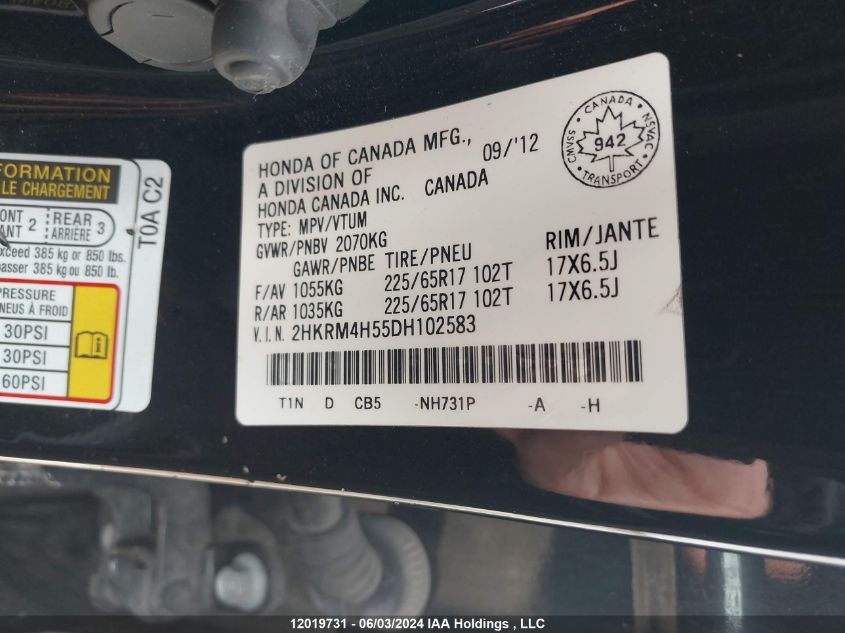 2013 Honda Cr-V VIN: 2HKRM4H55DH102583 Lot: 12019731