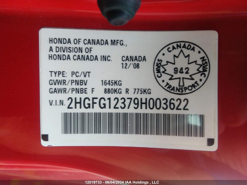 2009 Honda Civic Dx-G VIN: 2HGFG12379H003622 Lot: 12019733