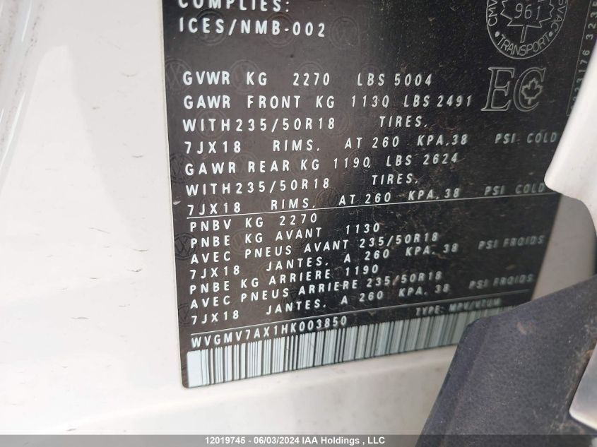 2017 Volkswagen Tiguan VIN: WVGMV7AX1HK003850 Lot: 12019745