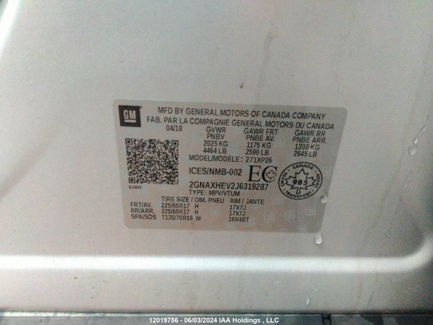 2018 Chevrolet Equinox VIN: 2GNAXHEV2J6319287 Lot: 12019756