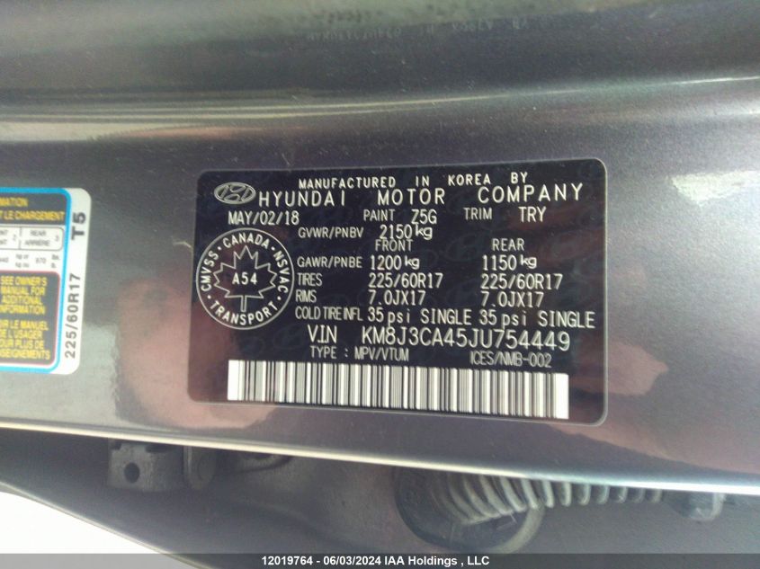 2018 Hyundai Tucson Limited/Sport And Eco/Se VIN: KM8J3CA45JU754449 Lot: 12019764