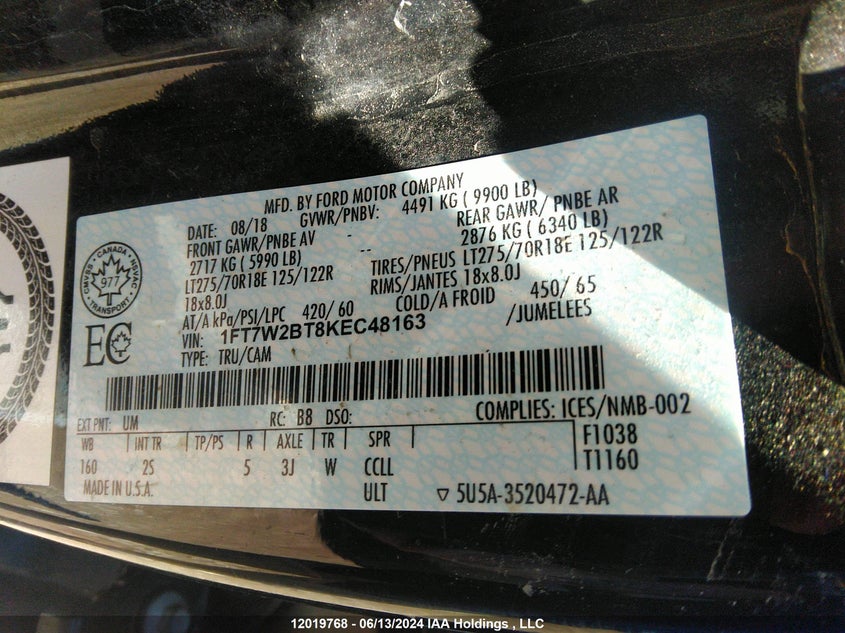 2019 Ford F-250 Xlt VIN: 1FT7W2BT8KEC48163 Lot: 12019768