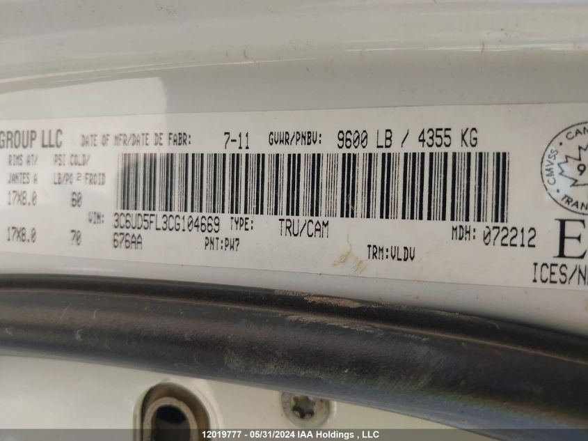 2012 Ram 2500 Laramie VIN: 3C6UD5FL3CG104669 Lot: 12019777