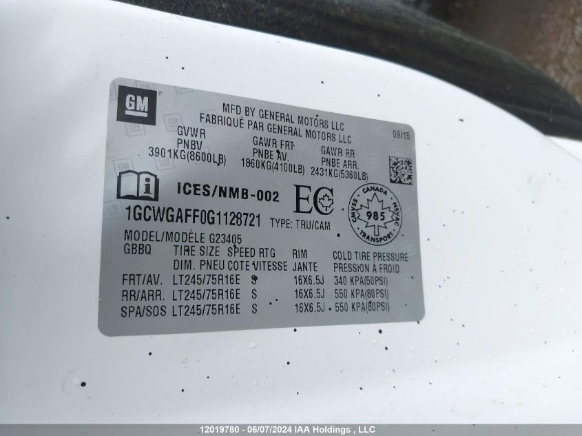 2016 Chevrolet Express VIN: 1GCWGAFF0G1128721 Lot: 12019780