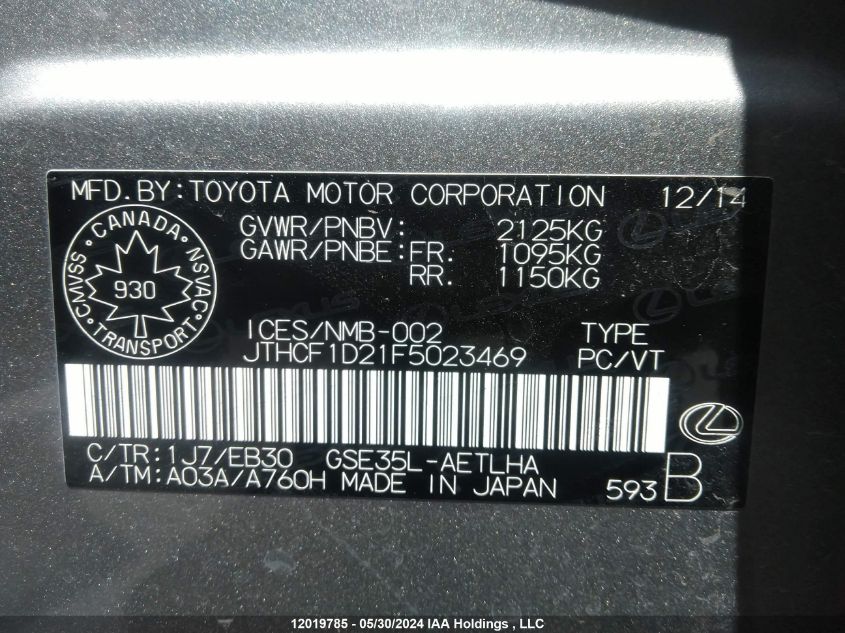 2015 Lexus Is 250 VIN: JTHCF1D21F5023469 Lot: 12019785