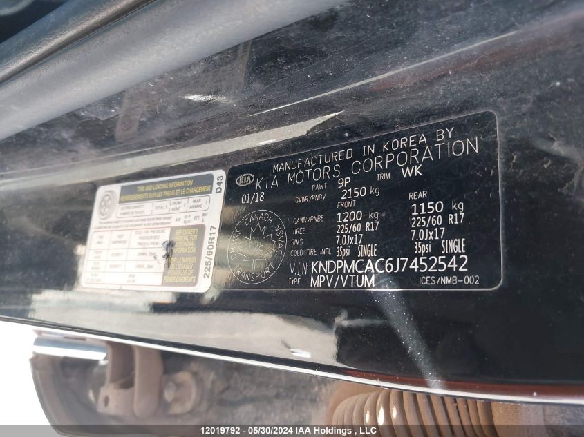 2018 Kia Sportage Lx VIN: KNDPMCAC6J7452542 Lot: 12019792