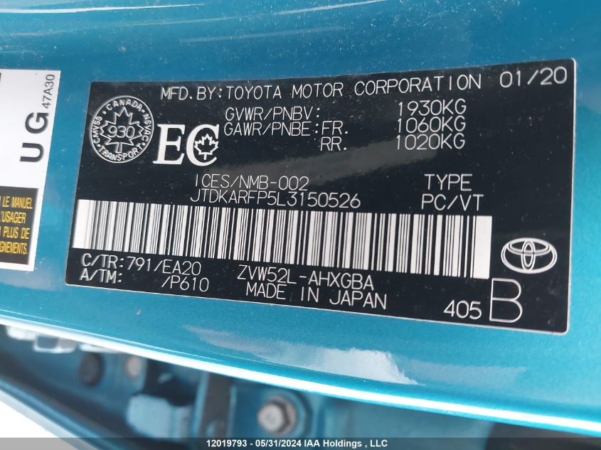 2020 Toyota Prius Prime Upgrade VIN: JTDKARFP5L3150526 Lot: 12019793