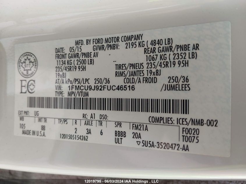 2015 Ford Escape Titanium VIN: 1FMCU9J92FUC46516 Lot: 12019795