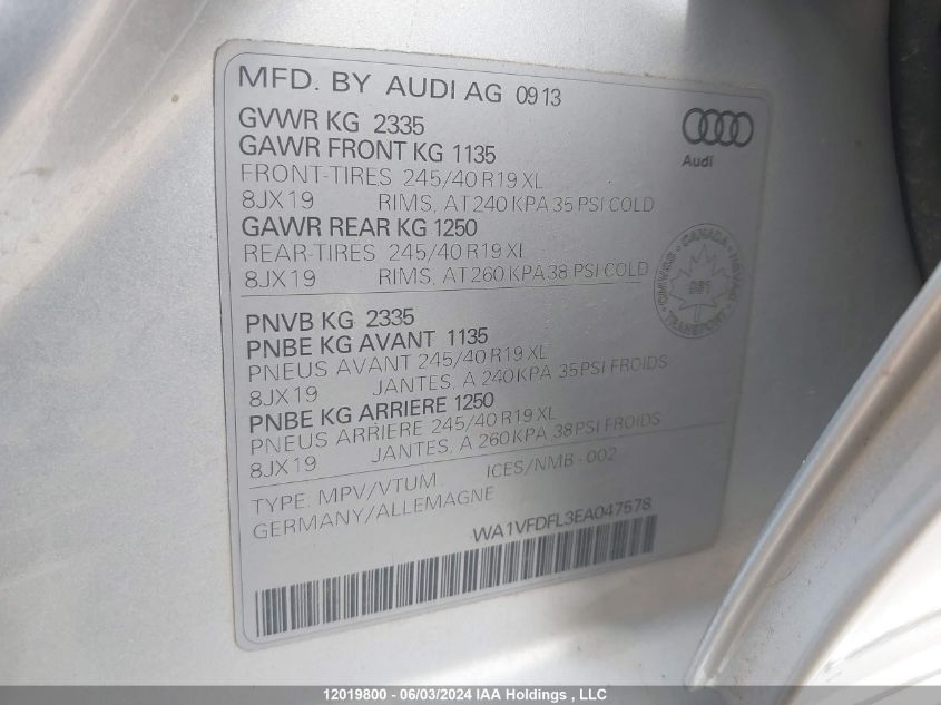 2014 Audi Allroad VIN: WA1VFDFL3EA047578 Lot: 12019800