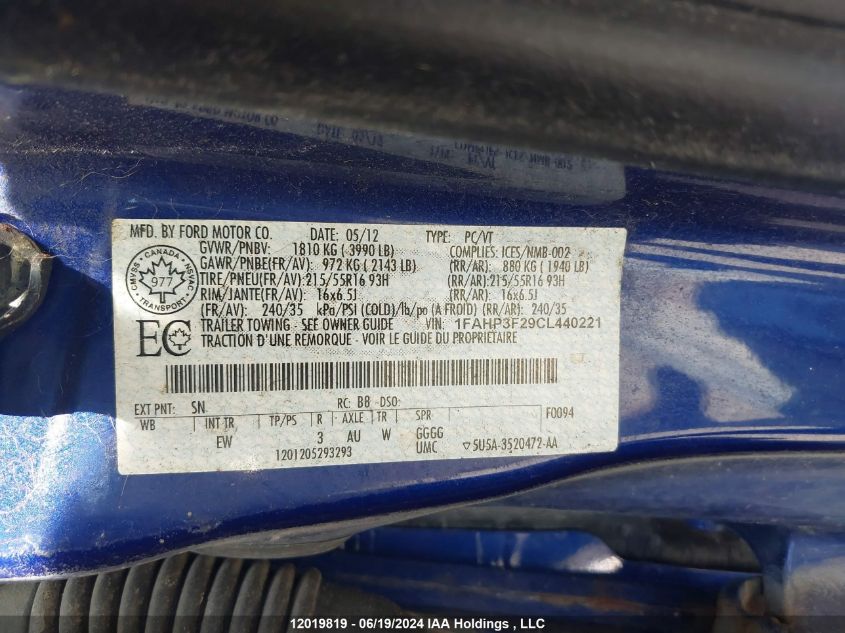 2012 Ford Focus VIN: 1FAHP3F29CL440221 Lot: 12019819