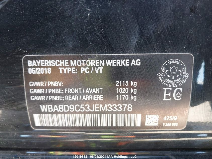 2018 BMW 3 Series VIN: WBA8D9C53JEM33378 Lot: 12019832