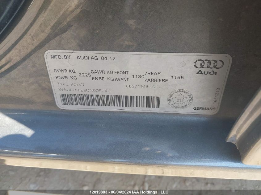 2013 Audi A4 VIN: WAUFFCFL3DN005243 Lot: 12019883