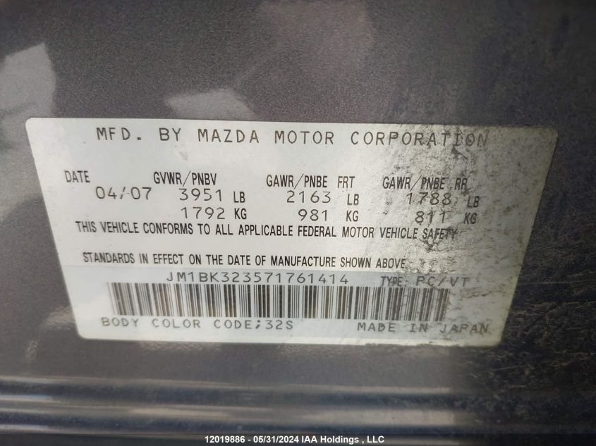 2007 Mazda Mazda3 VIN: JM1BK323571761414 Lot: 12019886