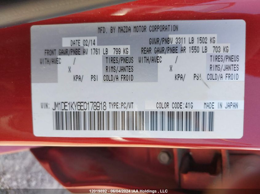 2014 Mazda Mazda2 VIN: JM1DE1KY6E0178918 Lot: 12019892