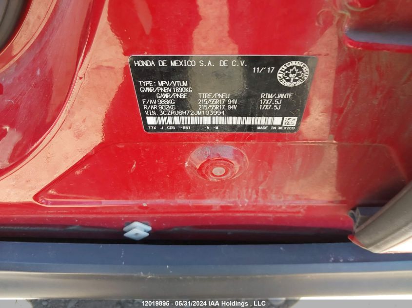 2018 Honda Hr-V VIN: 3CZRU6H72JM103994 Lot: 12019895