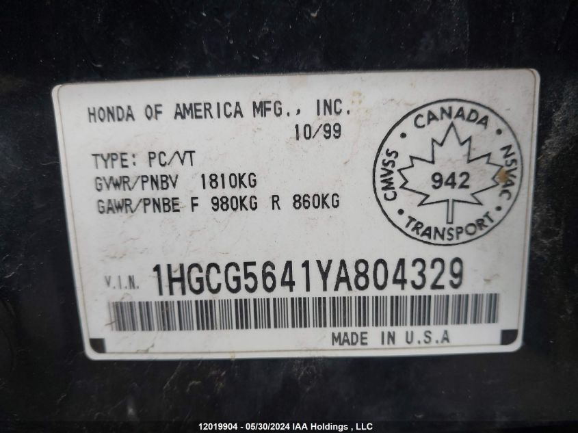 2000 Honda Accord Sdn VIN: 1HGCG5641YA804329 Lot: 12019904