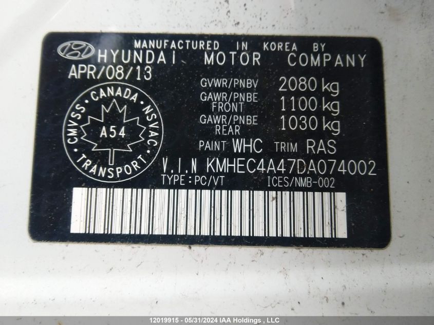 2013 Hyundai Sonata Hybrid VIN: KMHEC4A47DA074002 Lot: 12019915