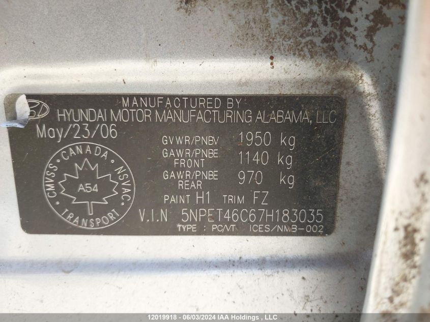 2007 Hyundai Sonata VIN: 5NPET46C67H183035 Lot: 12019918