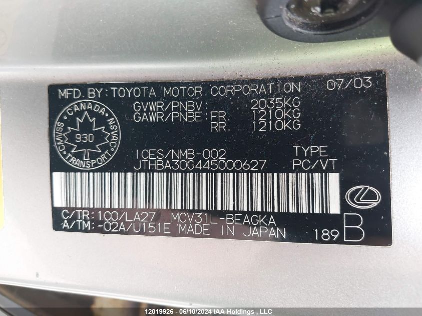 2004 Lexus Es 330 VIN: JTHBA30G445000627 Lot: 12019926